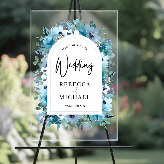 Stylish dusty blue white flowers wedding welcome  acrylic sign (Creator Uploaded)
