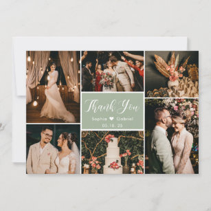 Stylish Dusty Green 6 Photo Collage Wedding Thank You Card