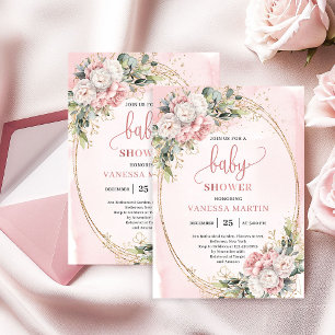 Stylish Dusty Pink Flowers Greenery Girl Baby Invitation