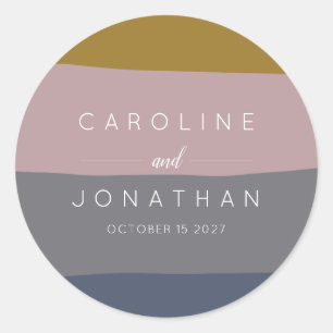 Stylish Earthy Mauve Blue Stripes Custom Wedding Classic Round Sticker