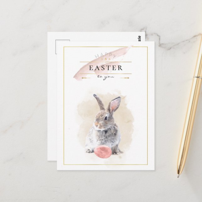 Stylish Easter Bunny | Happy Easter Watercolor Art Postcard (Front/Back In Situ)