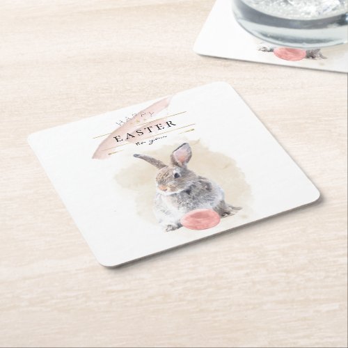 Stylish Easter Bunny  Happy Easter Watercolor Art Square Paper Coaster
