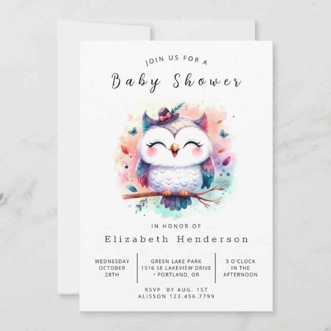 Stylish Editable Owl Baby Shower Invitation (Front)