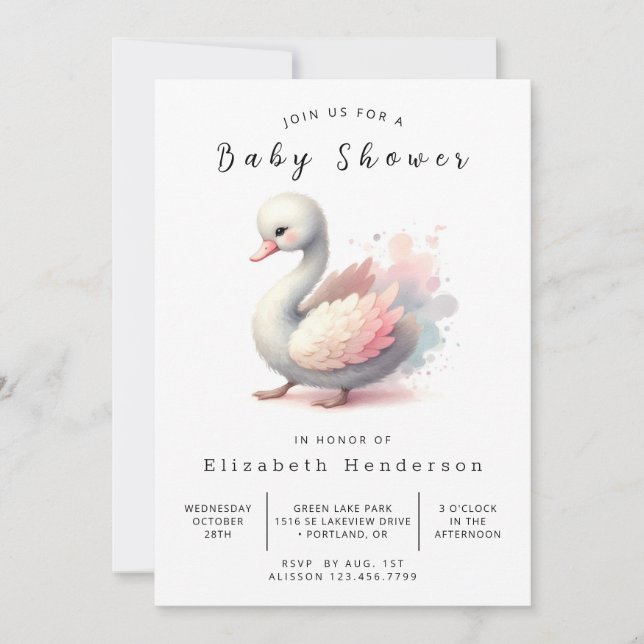 Stylish Editable Swan Baby Shower Invitation (Front)