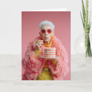 Stylish Elderly Woman Eating Cake in Pink Fashion Card