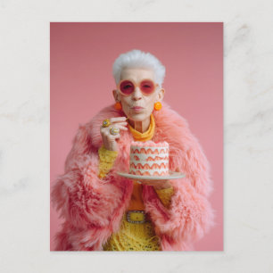 Stylish Elderly Woman Eating Cake in Pink Fashion  Postcard