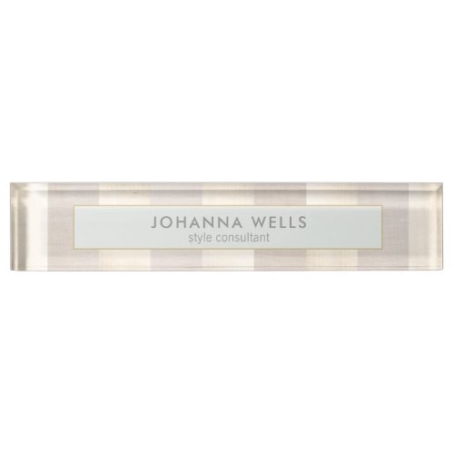 Stylish Elegant Beige Linen and Gold Striped Desk Name Plate