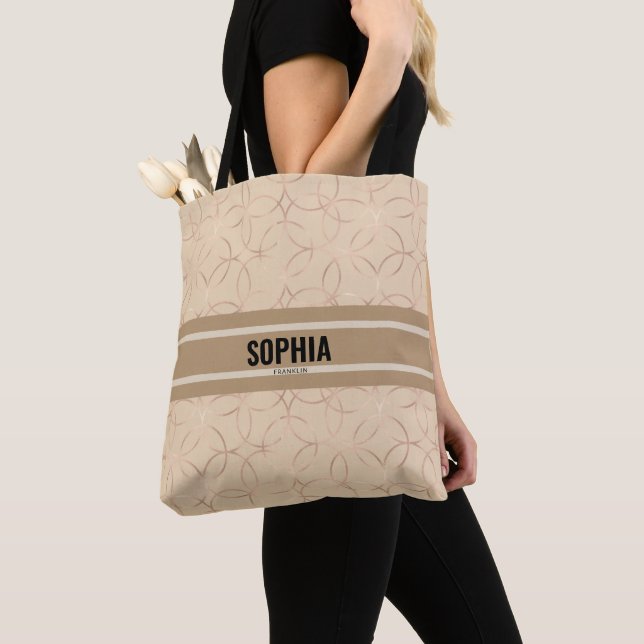Stylish Elegant Beige Monogram Tote Bag (Close Up)