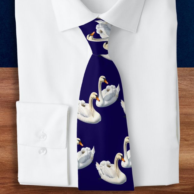 Stylish Elegant Birds Navy Blue Lake White Swans Neck Tie (An elegant tie in navy blue, with a pattern of white swans. Ideal for nature lovers)