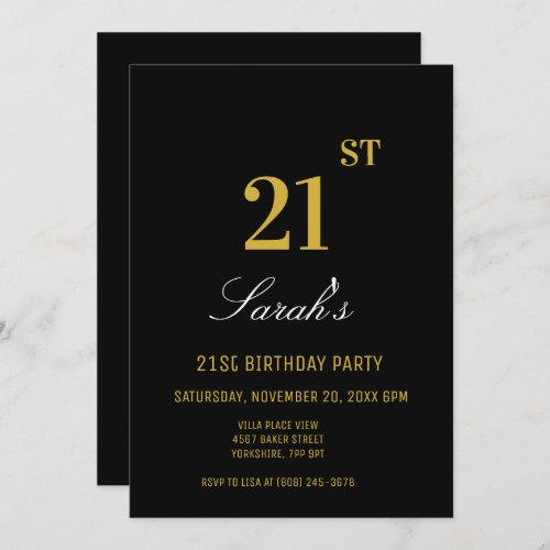 Stylish Elegant Black  Gold 21st Birthday Party  Invitation