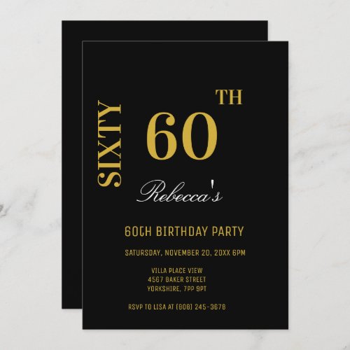 Stylish Elegant Black  Gold 60th Birthday Party  Invitation