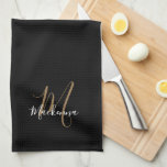 Stylish Elegant Black Gold Script Name Monogram Kitchen Towel<br><div class="desc">Modern Elegant Black Gold Script Name Monogram kitchen towel. Personalize this stylish script typography monogram kitchen towel with your name and monogram initial. Perfect gift for her. Matching recipe binder,  apron,  and recipe cards available in this collection here: https://www.zazzle.com/collections/modern_elegant_black_gold_girly_script_monogram-119826885947006201</div>