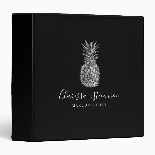 Stylish elegant black & silver pineapple makeup 3 ring binder (Front/Spine)
