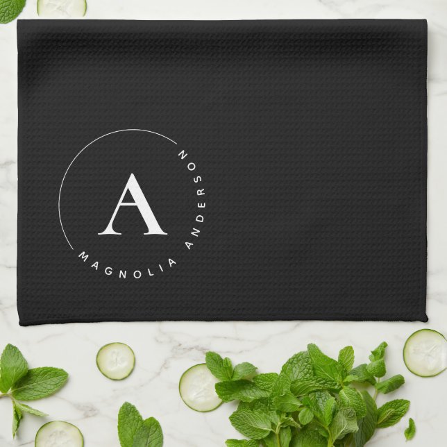Stylish Elegant Black White Monogram  Kitchen Towel (Folded)