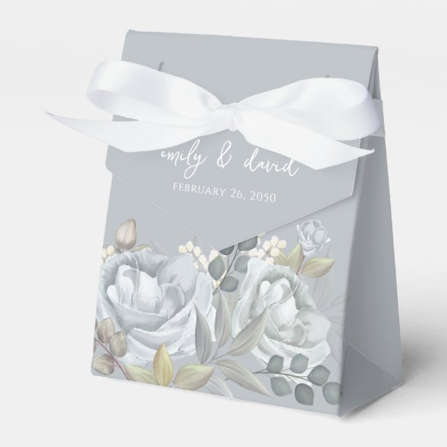 Stylish Elegant Blue Floral Calligraphy Ampersand Favor Boxes (Front Side)