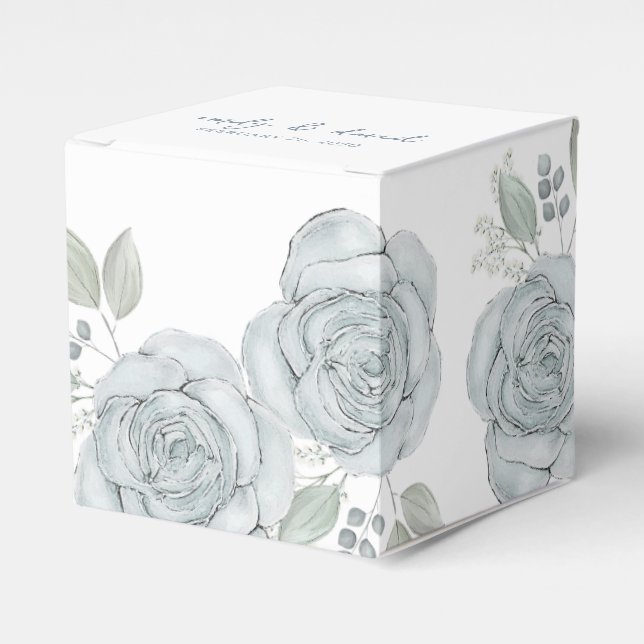 Stylish Elegant Blue Floral Rose Calligraphy Favor Boxes (Front Side)