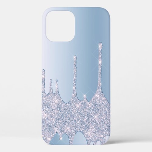 Stylish elegant blue glitter drips metallic iPhone 12 case