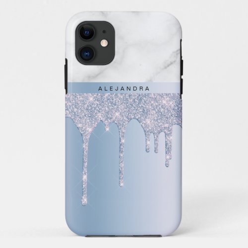 Stylish elegant blue glitter drips white marble iPhone 11 case