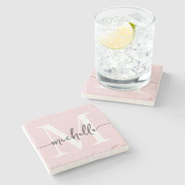 Stylish Elegant Blush Pink Monogram Name Script Stone Coaster