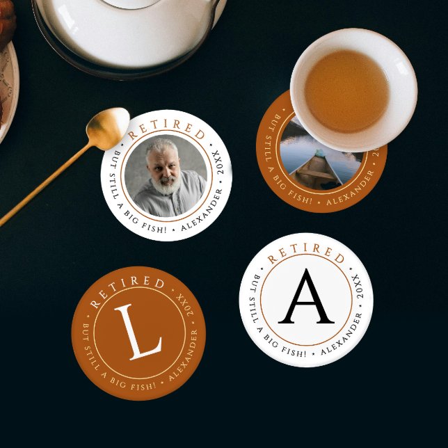 Stylish Elegant Brown Retire Photo Monogram Name Coaster Set (Creator Uploaded)