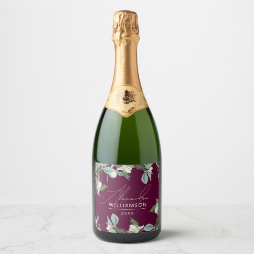 Stylish Elegant Burgundy And Sage Floral Party Sparkling Wine Label