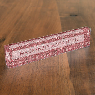 Stylish Elegant Burgundy Pink Glitter Desk Name Plate