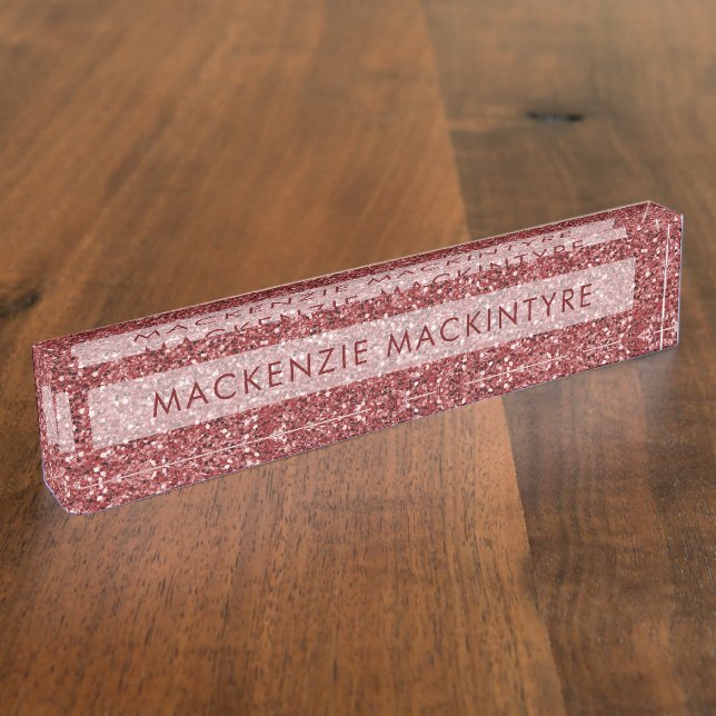 Stylish Elegant Burgundy Pink Glitter Desk Name Plate (Side)
