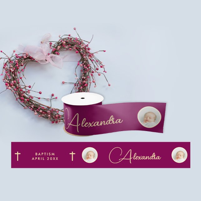 Stylish Elegant Burgundy Red Cross Photo Name Typo Satin Ribbon (Creator Uploaded)