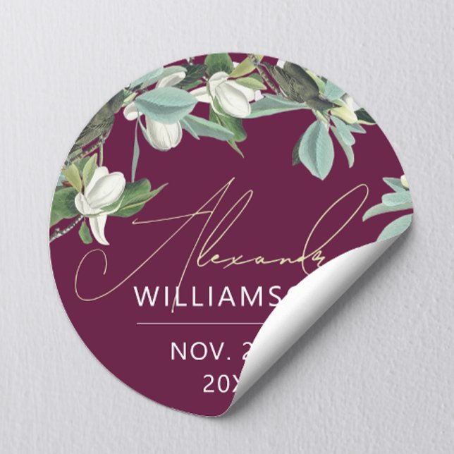 Stylish Elegant Burgundy White And Green Floral  Classic Round Sticker (Creator Uploaded)
