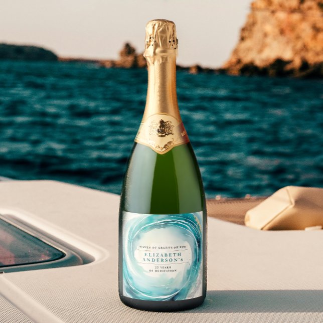 Stylish Elegant Coastal Turquoise Ocean Wave Sparkling Wine Label (Creator Uploaded)