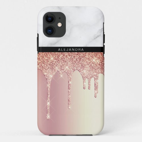 Stylish elegant copper glitter drips white marble iPhone 11 case