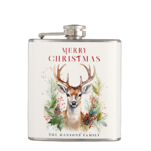 Stylish & Elegant Deer Christmas Greenery Custom Flask