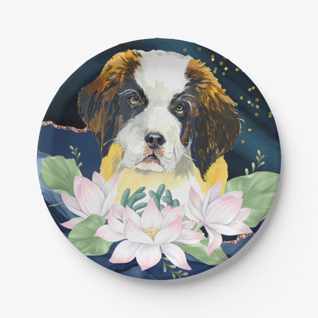 Stylish elegant design w St Bernard dog and flower Paper Plates (Front)
