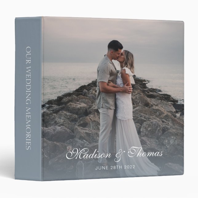 Stylish Elegant Dusty Blue Monogram Photo Wedding  3 Ring Binder (Front/Spine)