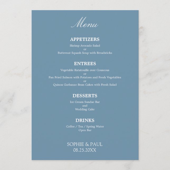 Stylish Elegant Dusty Blue Wedding Menu (Front)
