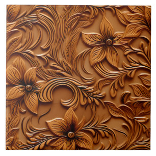 Stylish Elegant Faux Embossed Leather Camel brown Ceramic Tile