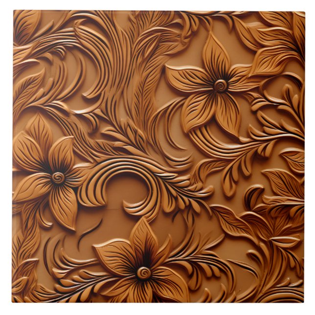 Stylish Elegant Faux Embossed Leather Camel brown Ceramic Tile (Front)