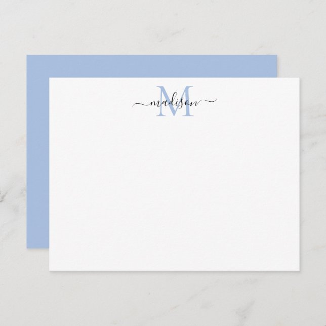 Stylish Elegant Girly Script Dusty Blue Monogram Note Card (Front/Back)