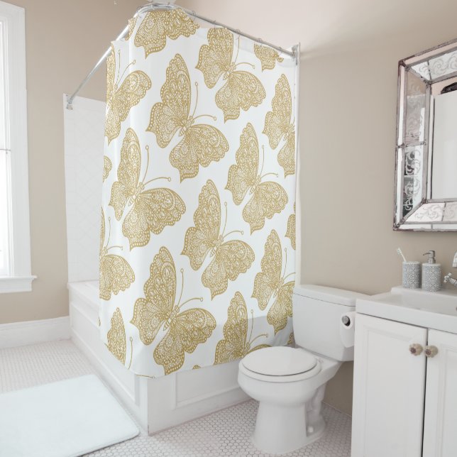 Stylish Elegant Gold Butterfly Pattern White Shower Curtain (In Situ)