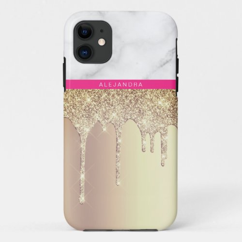 Stylish elegant gold glitter drips white marble iPhone 11 case