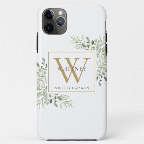 Stylish Elegant Gold Monogram Greenery iPhone 11 Pro Max Case