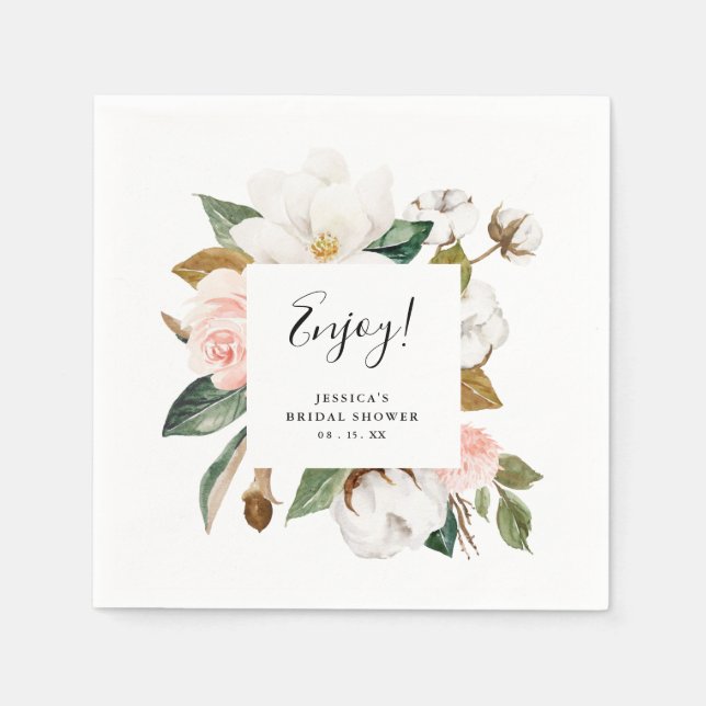 Stylish Elegant Magnolia Floral Bridal Shower Napkins (Front)