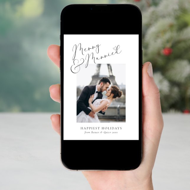 Stylish Elegant Merry and Married Photo Collage Holiday Card (Front Digital)