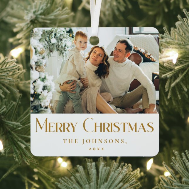Stylish Elegant Merry Christmas Family Photo Gold Metal Ornament (Insitu)