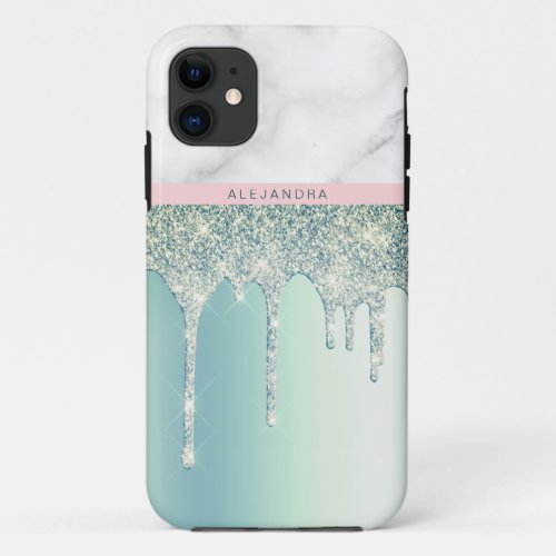 Stylish elegant mint glitter drips white marble iPhone 11 case