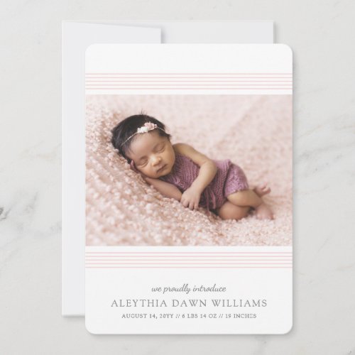 Stylish Elegant Modern Lines  2 Photo Blush Birth Announcement