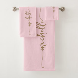Stylish Elegant Monogram Name Script Blush Pink Bath Towel Set