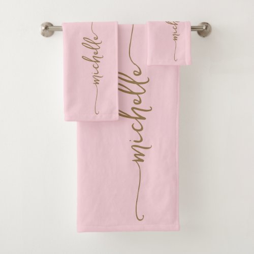 Stylish Elegant Monogram Name Script Blush Pink  Bath Towel Set
