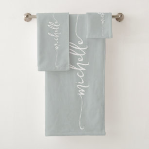 Stylish Elegant Monogram Name Script Sage Green Bath Towel Set