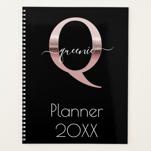 Stylish elegant monogram rose gold Q name black Planner